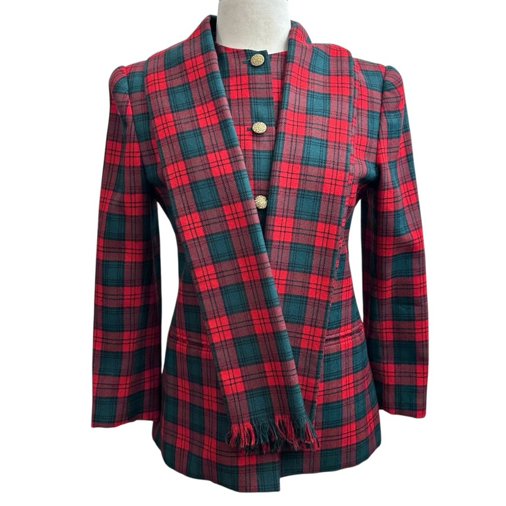 Carlisle 80s 90s Vintage Red & Green Tartan Plaid Blazer with Scarf Size 4